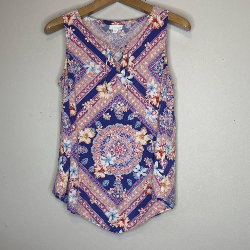 J Jill Women's Sz M Tank Top Sleeveless Handkerchief Hem Medallion Floral Boho‎
